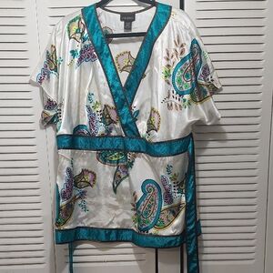 New York & Company Teal and White Paisley Blouse